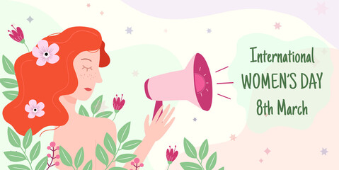 International Women's Day card with woman profile and flowers