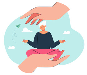 Calm grandmother meditating while sitting on huge hand. Protection of senior people flat vector illustration. Elderly care, love, assistance concept for banner, website design or landing web page