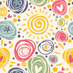 Seamless pattern with sun, hearts and polka dots. Dry brush.