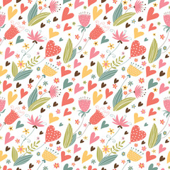 Romantic seamless pattern with flowers, birds and hearts.