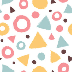 Seamless background with circles and triangles in pastel colors. Great for baby clothes, fabrics, prints, wallpapers and other surfaces.