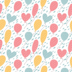 Seamless pattern with balloons and hearts in pastel colors.