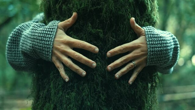 Nature lover hugging trunk tree with green musk in tropical woods forest. Green natural background. Concept of people love nature and protect from deforestation or pollution or climate change