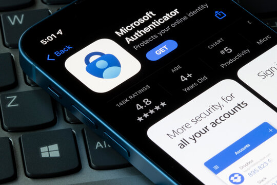 Portland, OR, USA - Jan 27, 2022: Microsoft Authenticator app is seen in the App Store on an iPhone. It helps users sign in to all online accounts by multi-factor authentication or password autofill.