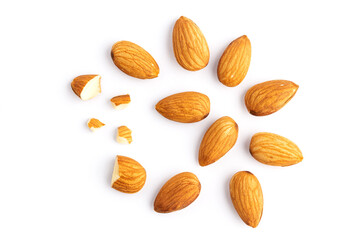 Top view Almonds isolated on white background
