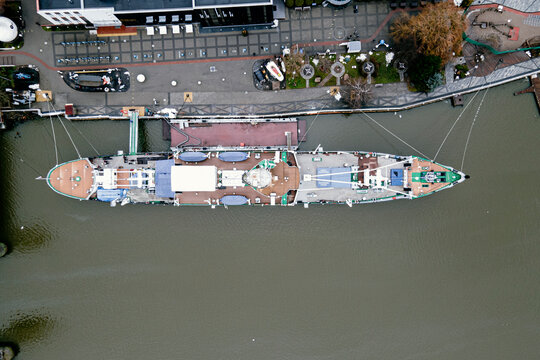 various military and research ships on the Pregolya River in the port of Kaliningrad,