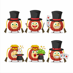 A red bag chinese Magician cartoon character perform on a stage