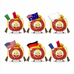 Red bag chinese cartoon character bring the flags of various countries