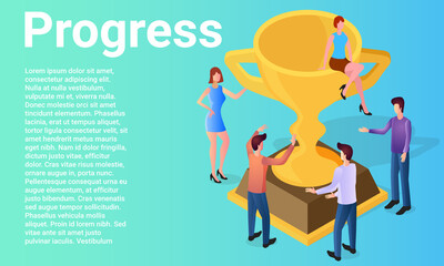 Progress.People next to the award cup rejoice at the successes achieved.A business-style poster.Flat vector illustration.