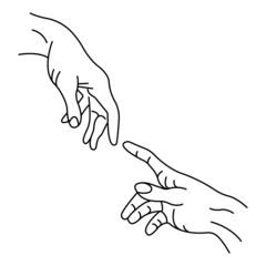A gesture of human hands that are about to touch. The concept of help, friendship. Minimalism style. Design suitable for decoration, posters, banners, printing on clothes. Isolated vector illustration - obrazy, fototapety, plakaty