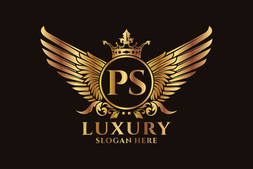 Luxury royal wing Letter PS crest Gold color Logo vector, Victory logo, crest logo, wing logo, vector logo template. - obrazy, fototapety, plakaty