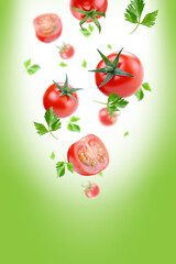 tomatoes in a group ready to use red ripe tomatoes with slice  flying on air. Background for packaging and label design