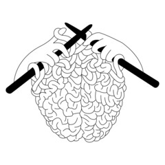 Hand gesture knitting human brains. Concept of mind and memory. Minimalism style. Design suitable for decoration, modern tattoo, print for t-shirts, symbol of the mind, poster, banner. Isolated vector