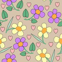 Seamless pattern of abstract yellow and purple flowers on a light background for textile.