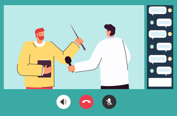 Online seminar with teacher or professor and interviewer. Video call frame with chat, online training for students flat vector illustration. Technology, education concept for banner or landing page