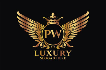 Luxury royal wing Letter PW crest Gold color Logo vector, Victory logo, crest logo, wing logo, vector logo template.