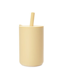 Plastic baby glass with lid and straw isolated on white