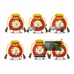 red bag chinese Programmer cute cartoon character with