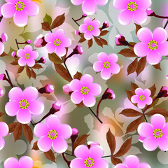 Flowering branches of pink cherry blossoms on an abstract colored background. Silhouettes of cherry blossoms. Sakura seamless floral texture. Vector