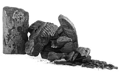 Pile of black charcoal chunks isolated on a white background. Natural hardwood charcoal.