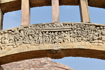 Stupa No. 3, Middle Architrave,  Nandanavana with Indra, Sanchi monuments, World Heritage Site, Madhya Pradesh, India.