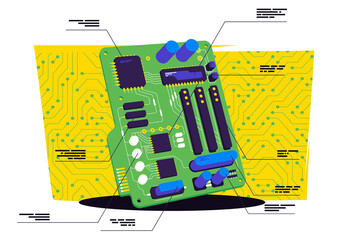 vector illustration of an electronic circuit board with a detailed description of each detail, against the background of the lines of the electronic circuit