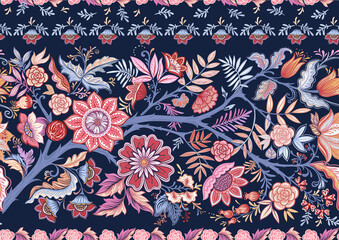 Seamless pattern with stylized ornamental flowers in retro, vintage style. Colored vector illustration on navy blue background.