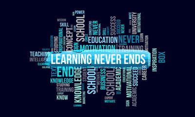 Learning never ends word cloud template. Creative concept vector background.
