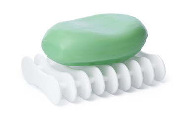 Soap on a plastic soap dish isolated on a white background