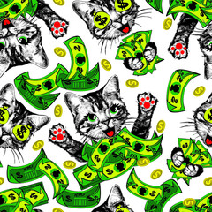 Happy kitten with money seamless pattern. Vector illustration.