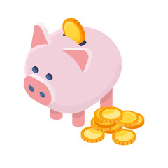 it is isometric illustration that is cute piggy bank with gold coins