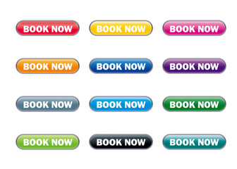 立体感、光沢感のあるBOOK NOWボタン。素材セット、今すぐ予約、アイコン、　ウェブサイト、バナー、アプリ用　白背景