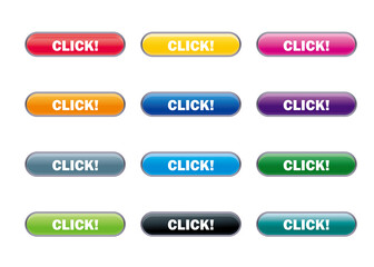 立体感、光沢感のあるCLICKボタン。　素材セット。クリックして、アイコン、　ウェブサイト、バナー、アプリ用　白背景