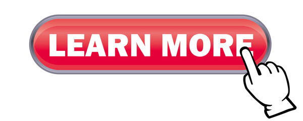 立体感、光沢感のあるLEARN MOREボタンと手。　もっと知る、アイコン、　ウェブサイト、バナー、アプリ用　白背景