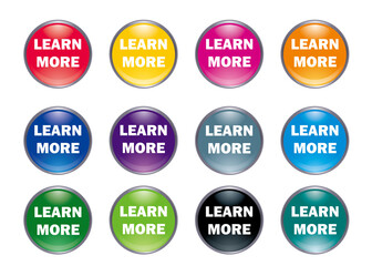 立体感、光沢感のあるLEARN MOREボタン。　もっと知る、アイコン、　ウェブサイト、バナー、アプリ用　白背景