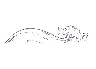 Waves sea ocean. Vector bursts splash with foam and bubbles. Outline doddle sketch black white illustration.