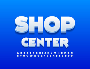 Vector business emblem Shop Center with creative White Font. 3D modern Alphabet Letters and Numbers set