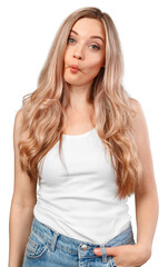 Silly young woman making fish face isolated on white background