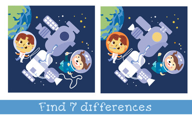 Astronauts boy and dog near space station. Characters in cartoon style. Find 5 differences. Game for children. Vector full color illustration.
