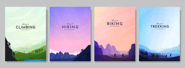 Vector illustration. Travel concept of discovering, exploring and observing nature. Hiking. Adventure tourism. Flat design background for poster, magazine, book cover, banner, invitation, brochure.