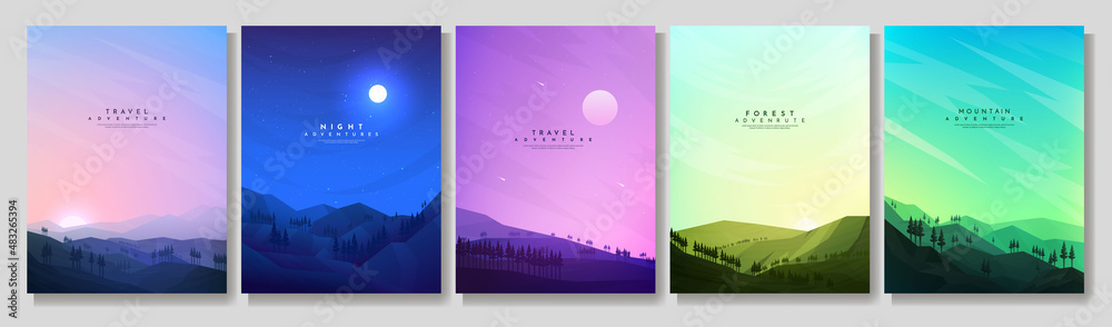 Wall mural vector illustration. flat landscape collection. cloudy sky. forest background with pine trees. desig