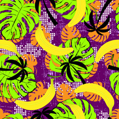 Abstract seamless summer pattern for textiles. Bananas, palms, monstera leaves and grunge texture