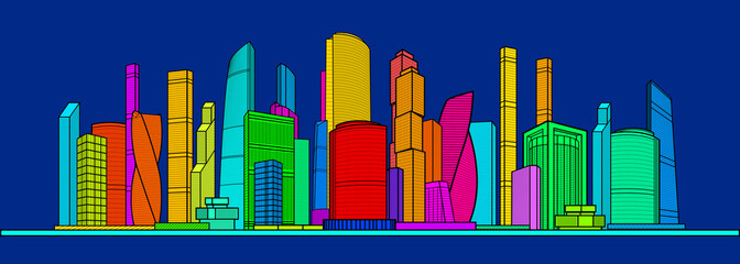 Modern colorful city. Urban town complex. Business center. Citycape futuristic pamorama. Infrastructure skyline outlines illustration. Vector design art