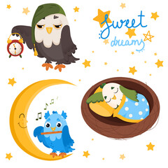 A set of three cute birds and lettering on the theme of sleep in different poses. Cartoon vector illustration.