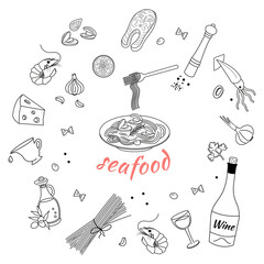 A set of ingredients for making Pasta with seafood. Doodle style. Vector graphics.