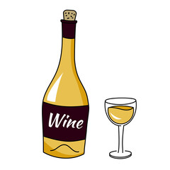A bottle of white wine and a glass. Doodle style. Vector graphics.