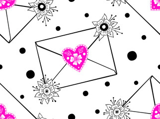 Love letter with flowers. Seamless pattern on the white background.