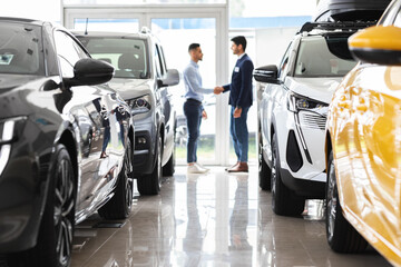 Customer and sales assistant shaking hands, car showroom interior - obrazy, fototapety, plakaty