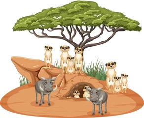 Isolated savanna forest with meerkat and boars © blueringmedia