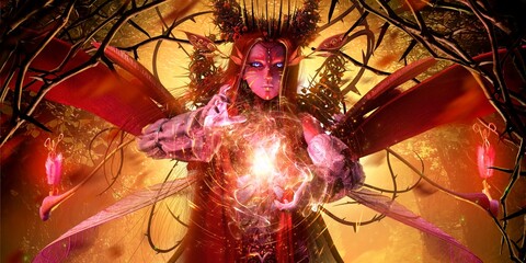 A sweet dryad girl with pink skin and blood-red hair, she has many wings, she is surrounded by thorny vines, create a healing spell with her own hands in the deep thicket of the forest. 3d rendering